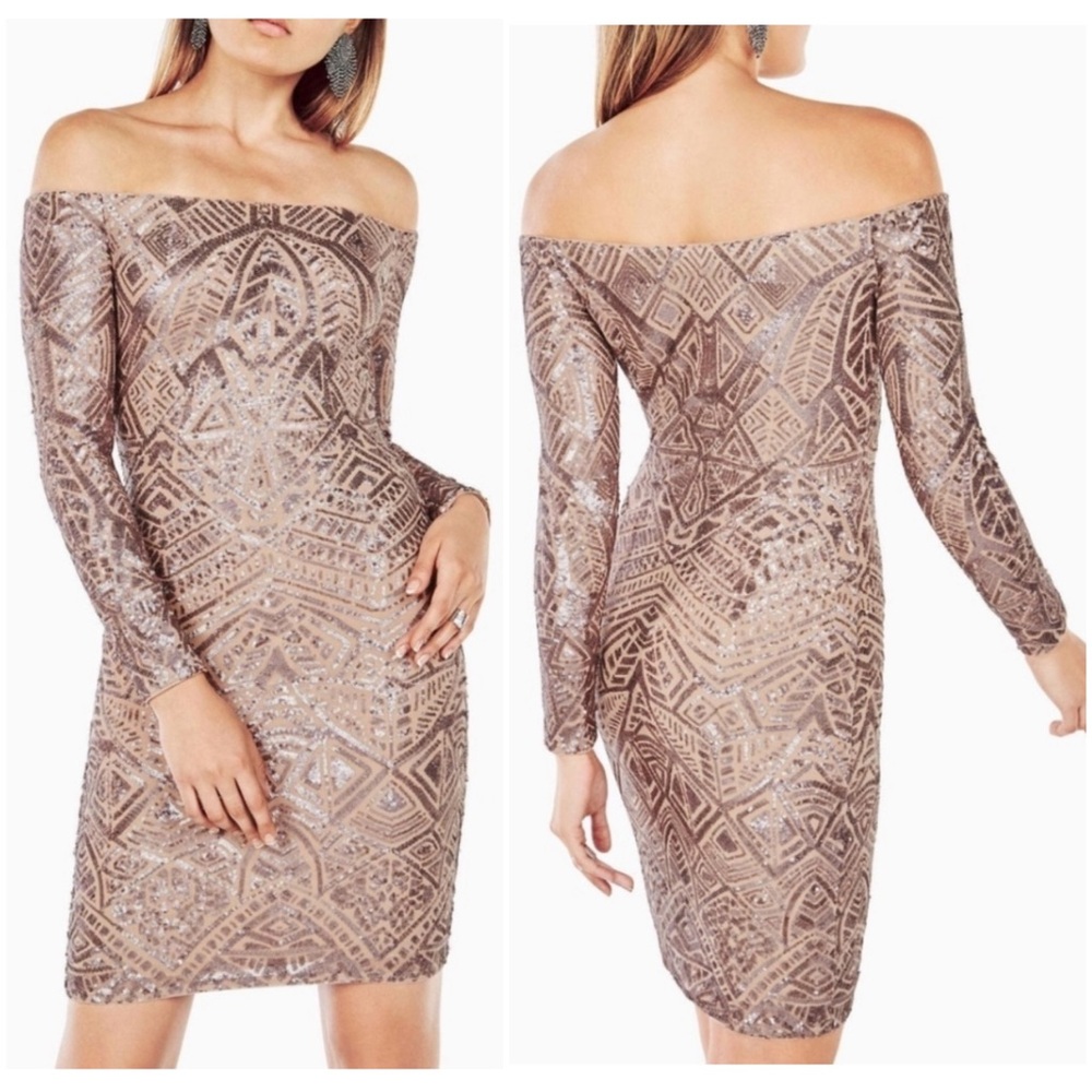 BCBGMAXAZRIA Eunice Off-the-Shoulder Gold Sequin Dress Size Small